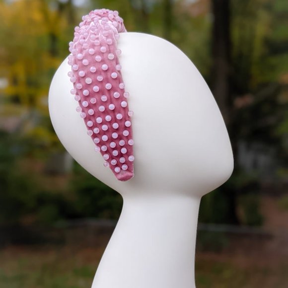 Mauve Pink Beaded Knot Velvet Headband Pink Quartz Swirl Acrylic Beads Handmade main image 6